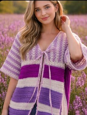Upcycled Vtg Afghan Blanket Cardigan S-M Handmade Purples Don't Throw It Out